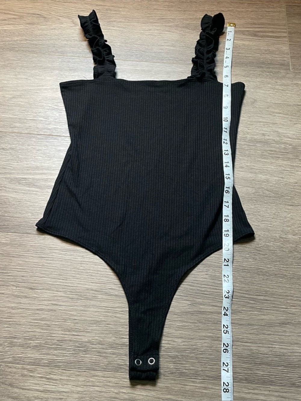 American Threads Ruffled Strap Black Ribbed Bodysuit Small Spring Summer - Picture 4 of 5